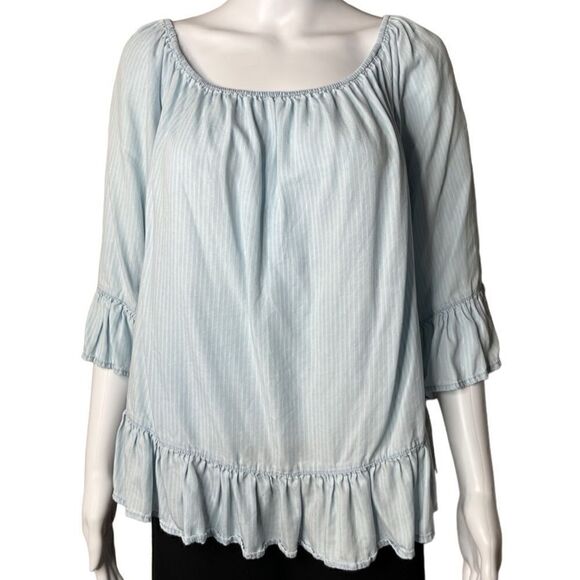 beachlunchlounge Tops - BeachLunchLounge Ruffle Striped 3/4 Sleeve Top Blue and White Size Large